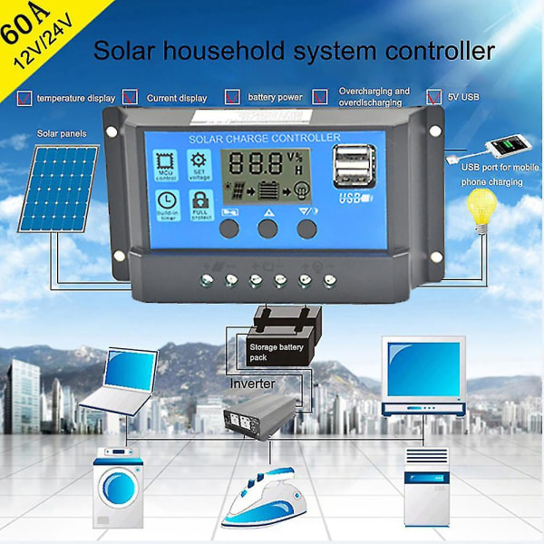 Solcellepanel regulator ladekontroller usb 60a 12v-24v med dobbel usb-lader Blue