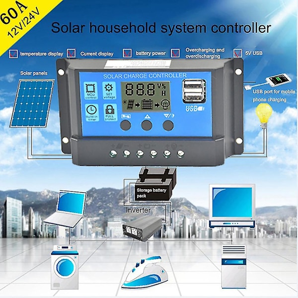 Solpanel Regulator Ladekontrol Usb 60a 12v-24v med dobbelt usb oplader Blue