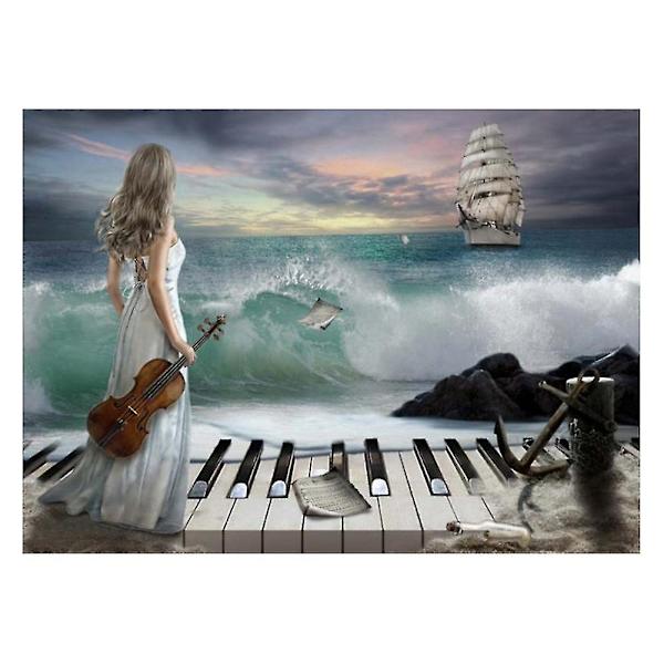 5d Diamod Mosaic Brodeerry Sea Piano Beauty Naiset Ristipisto Kodinsisustus 40x30cm