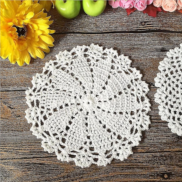 7 tommer 4 stk håndlavet rund hæklet bomuldsblonde bord dækkeservietter, blomst, beige/hvid