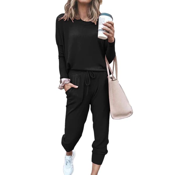 【BQ】2-delt sæt til kvinder, loungewear sæt, strækbar langærmet sweaterbukser, sort XL