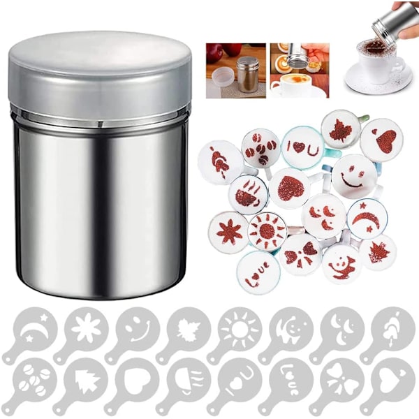 Rustfrit stål Chokolade Shaker, 16 stykker kaffe stencil Cappuccino stencil