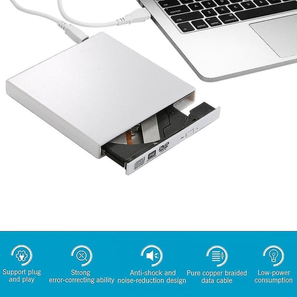 Extern USB 2.0 DVD-enhet, CD-ROM-enhet, Cd-rw-brännare, bärbar brännare, lämplig för bärbar dator, Windows, PC-svart