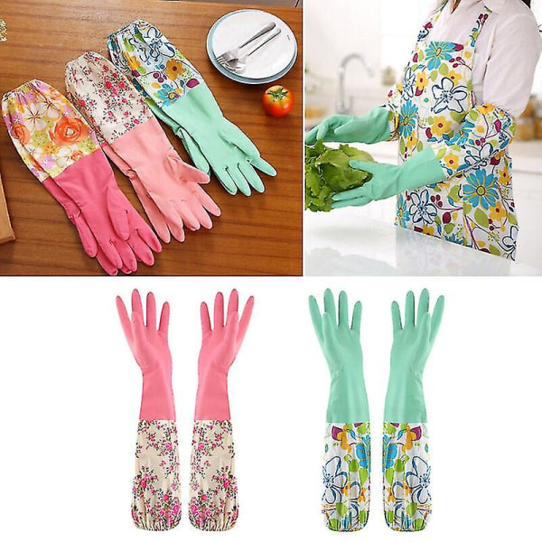 Blomma Gummi Sammet Långa handskar Hushållshandskar Antisladd Hushållsdisktvätt Rengöringshandskar Pink