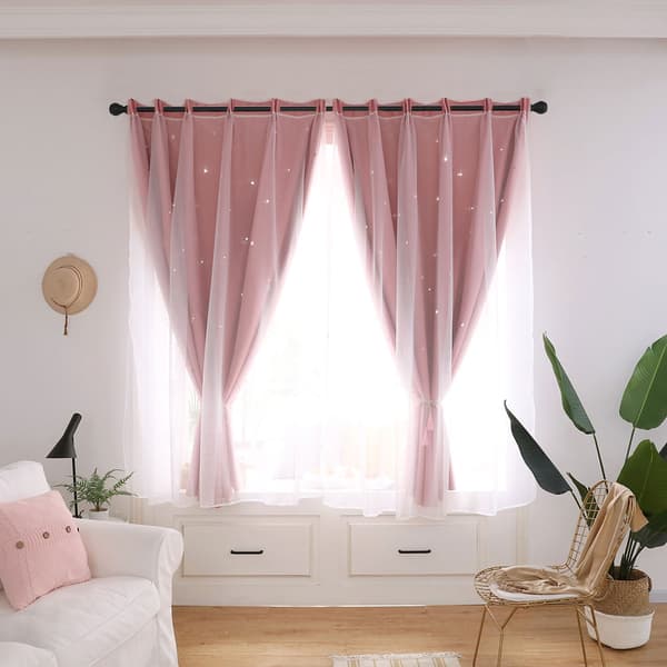 Stjerneformet, uthulet voilegardin, transparent panel, rosa, for soverom og stue