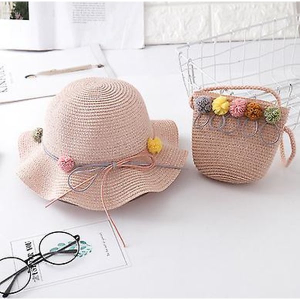 Sun Protection Kids Hat Girls Fashion Wave Straw Kids Cool Summer Beach Baby Storage Bag (hat And Bag) light pink