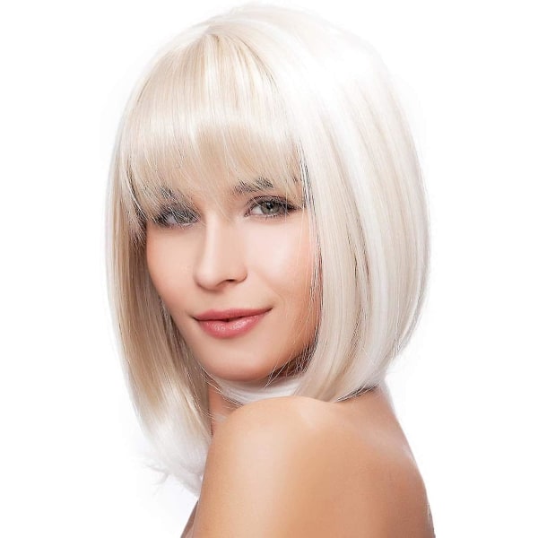 Creamy Champaign White Short Platinum Wig With Bangs Ombre To Blonde Hair Synthetic Heat Resistant 12 Inch Wigs