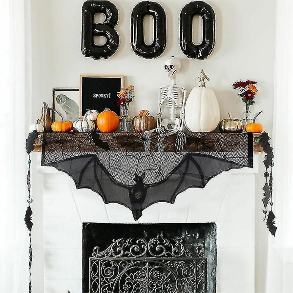 Halloween Fladdermus Bordslöpare Svart Spindelnät Spets Bordsduk Öppen spis Gardin För Halloween Fest Heminredning Skräckrekvisita D-122x35cm