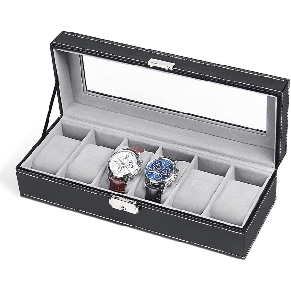 Spor Leather Watch Box Display Case Organizer Glass Smykker Oppbevaring Svart