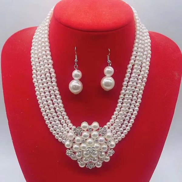 Klassisk stil - mångsidigt val, fyra lager rispärla pärlhalsband örhängen Four Layer Necklace Earrings