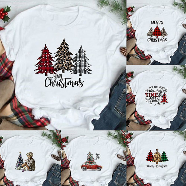 Merry Christmas Plaid Tree Print T-paita Muotikuvio Naisten Top T-paita Naisten Kawaii T-paita Naisten Joulu T-paita Harajuku L FS80-FSTWH- L FS80-FSTWH-