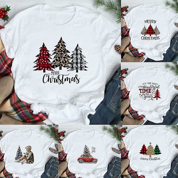 Merry Christmas Plaid Tree Print T-skjorte Motemønster Dame Topp T-skjorte Dame Kawaii T-skjorte Dame Jule T-skjorte Harajuku L FS80-FSTWH- L FS80-FSTWH-