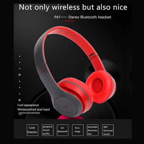 Taitettava langaton kuulokemikrofoni P47 Stereo Bluetooth 4.2 Chip Headphone Support Tf Card Red