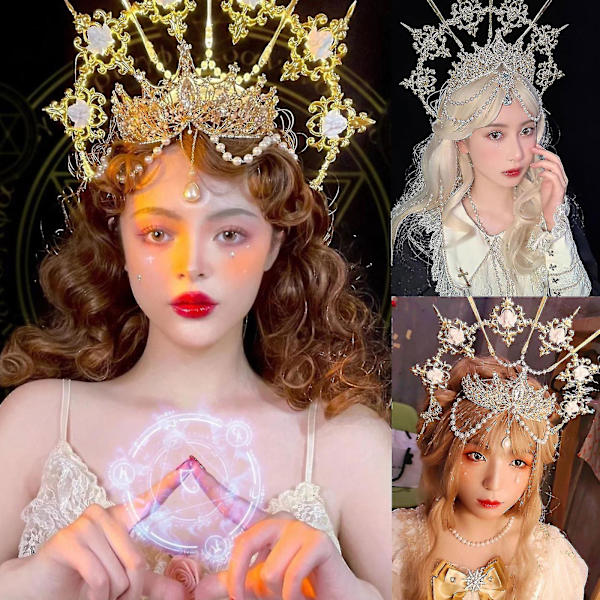 Guld Halo Wing Pannband Crystal Crown Metall Pearl Chain Spiked hårband Flower Angel Halo