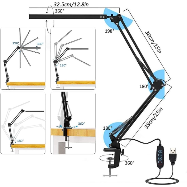 Led skrivebordslampe, 12w foldbar bordlampe med klemme, 10 lysstyrke