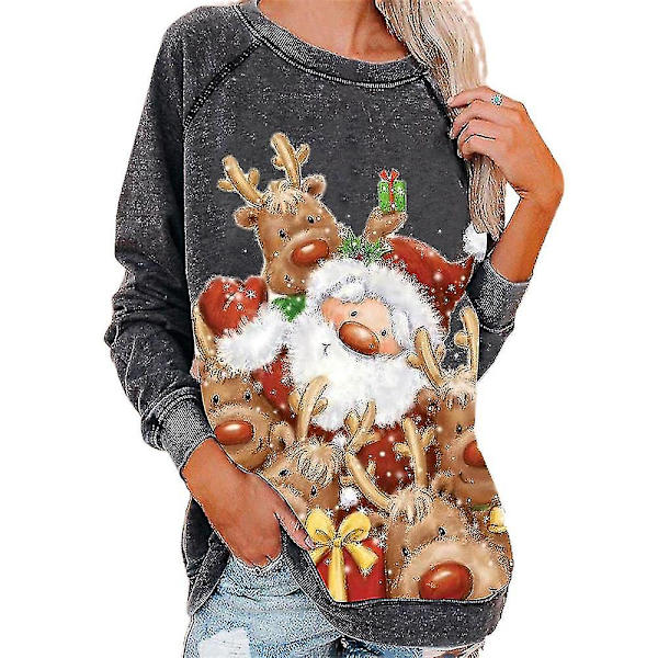Hhcx-christmas Tunic Women Long Sleeve T-shirt Pullover Xmas Printed Tops Blouse Dark Gray XL
