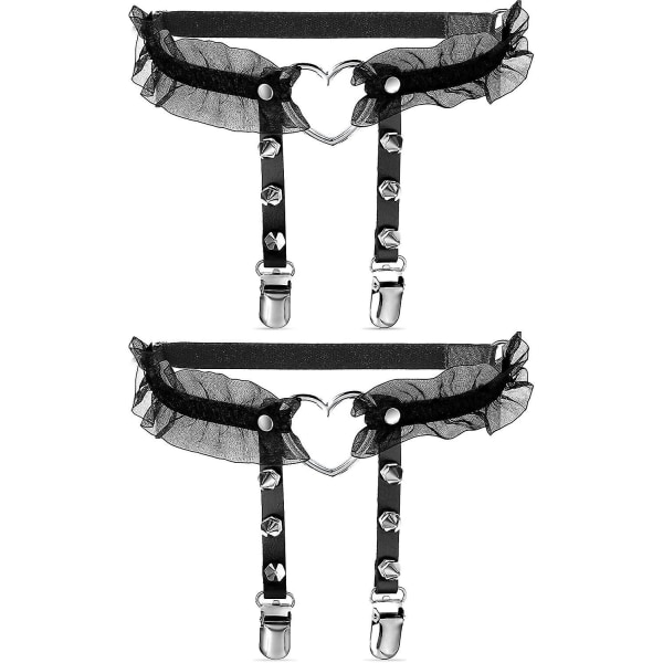 2 Pieces Adjustable Heart Shaped Leg Garters Women Girls Sexy Lace Heart Harness Garter Belts Elastic Punk Rivet Thigh Ring Garters With Non-slip Clip