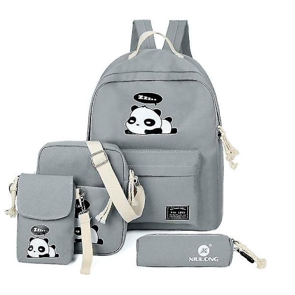 Slitstark 4 delar/ set söta kvinnors flicka Panda Print Shoulder Skolväska Grey
