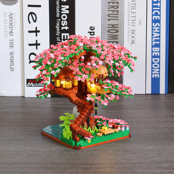 【BQ】Sakura Træhus Byggesæt | Regnbue Træ Model | Kreativ DIY Gavelegetøj A [with string lights]