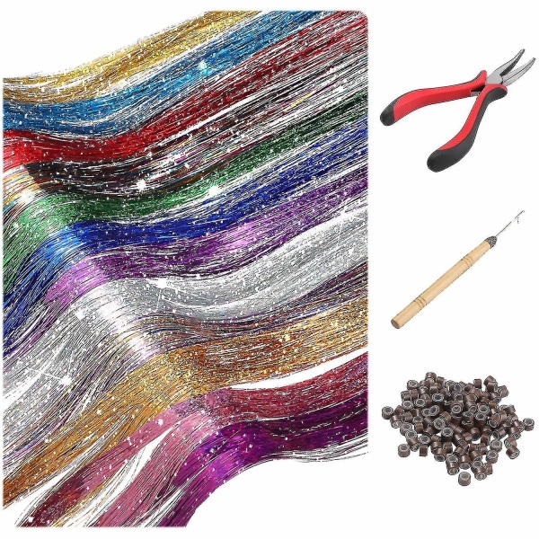 Hår Tinsel-tråde med værktøj 12 farver 1800 tråde Fairy-hår varmebestandigt