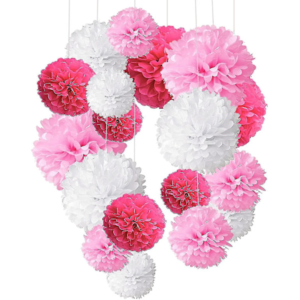 Paket med 18, rosa Pom Poms-blommor, dekorationspapperssats för fest