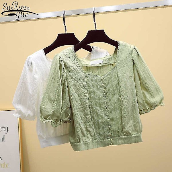 Korean sifonkipusero Solid Neliömäinen Kaulustoppi Nainen Lyhtyhihainen Superlyhyet Naisten Paidat Lyhythihainen Top White XL