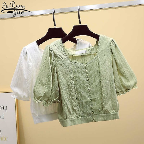 Koreansk chiffonbluse med solid firkantet krage topp dame lanternearm superkort dameskjorter kortermet topp Green L