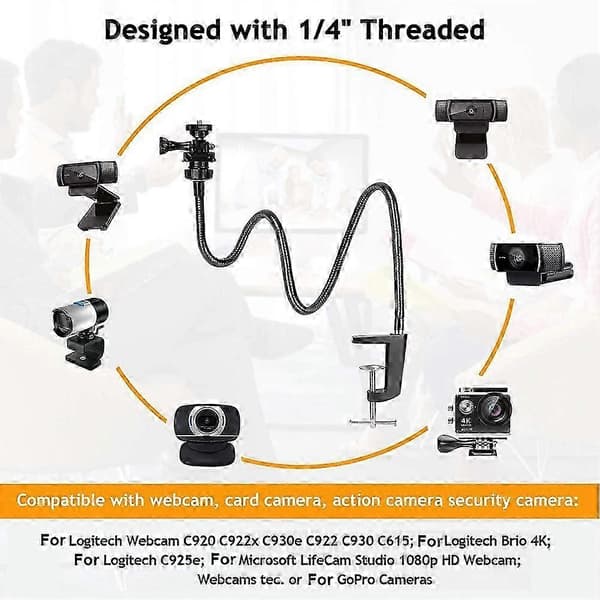 Fleksibelt webcamstativ med svanehals, bordmontering til Logitech C920 Brio C930e