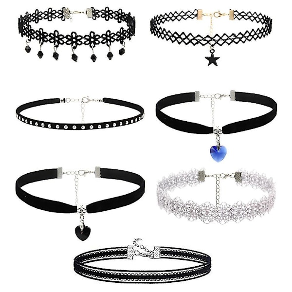 7 delar Choker Halsband Set Stretch Velvet Classic Gothic Tattoo Lace Choker Multicolor