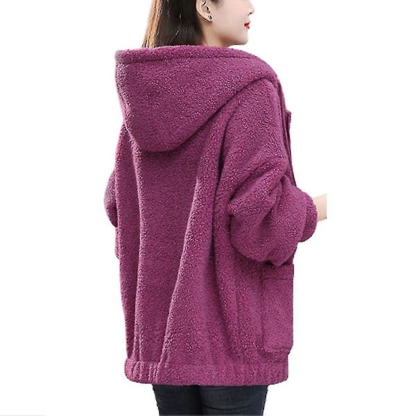 Hhcx-damebamse med lynlås frakke Fluffy jakke Vinter varm hættetrøje outwear Purple Red 3XL