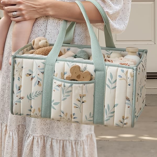 【BQ】Portable Storage Basket with Sturdy Handles Light Blue White Polyester Organizer for Car Trunk Home