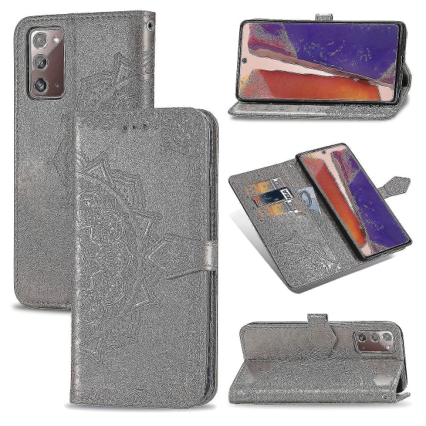 Samsung Galaxy Note 20 etui Læder tegnebogscover Emboss Mandala Magnetic Flip Protection Stødsikker - Grå