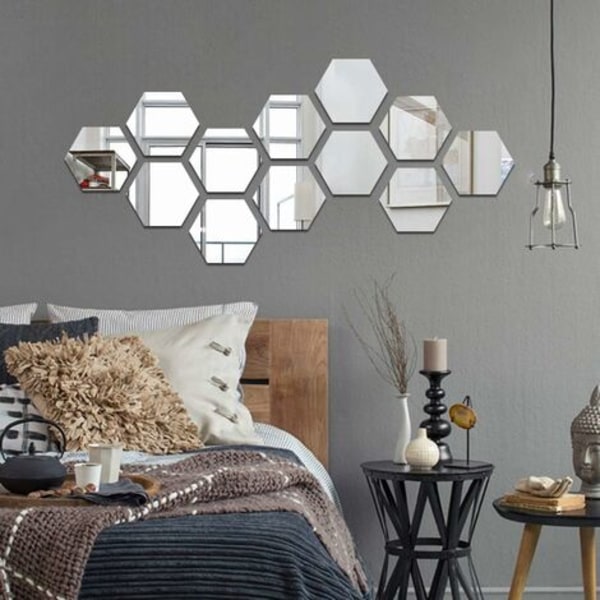 ny stil Mirror Acrylic Adhesive Wall Sticker Wall Mirrors Decals Living Room Bedroom Decor Hexagon 87*100*50mm Silver 12 Pieces