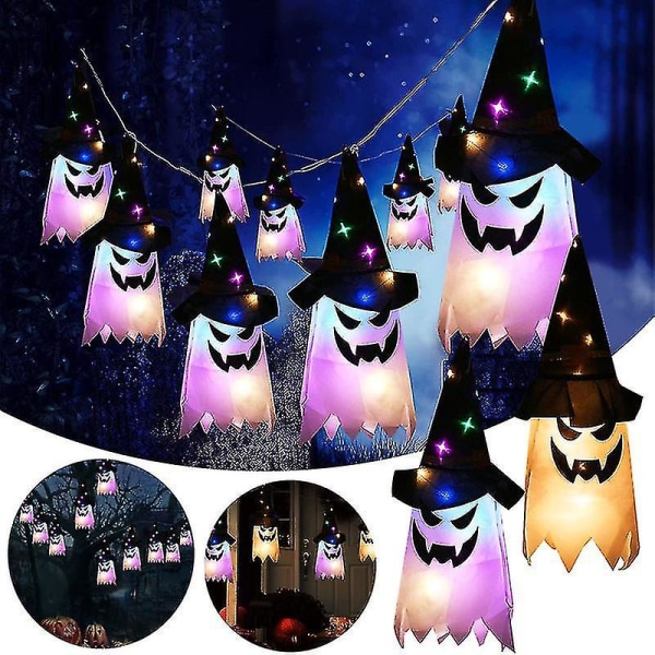 1 kpl Halloween-koristelu Ghost Led-valot hehkuvat kauhurekvisiitta kummitus-noitahattu riippuvalaisin kodin ulkovalo Colorful