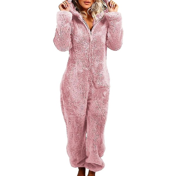 Women Fluffy Fleece Hooded Jumpsuit Pink 3XL