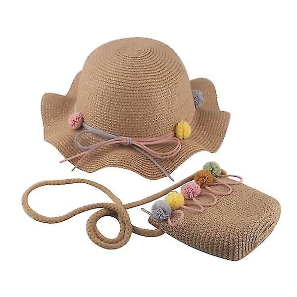 Sun Protection Kids Hat Girls Fashion Wave Straw Kids Cool Summer Beach Baby Storage Bag (hat And Bag) Khaki
