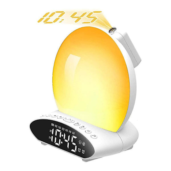 Wake Up Light Sunrise Alarm Clock for Heavy Sleeper, 7 färg sömnhjälp ljudmaskin för barn och vuxna, dubbla larm, snooze, FM-radio, nattljus, säng