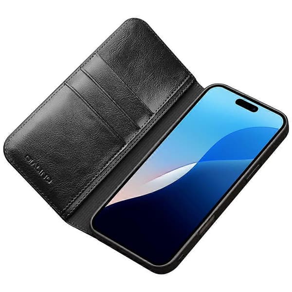 【BQ】QIALINO Klassisk Læder Telefoncover Sort Black For iPhone 16 Pro