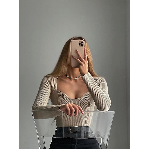 Snygg Chic Beige Stickad Cropped Blusar Dammode Sexiga Fyrkantiga skjortor med krage Flickor Streetwear Casual Toppar M M