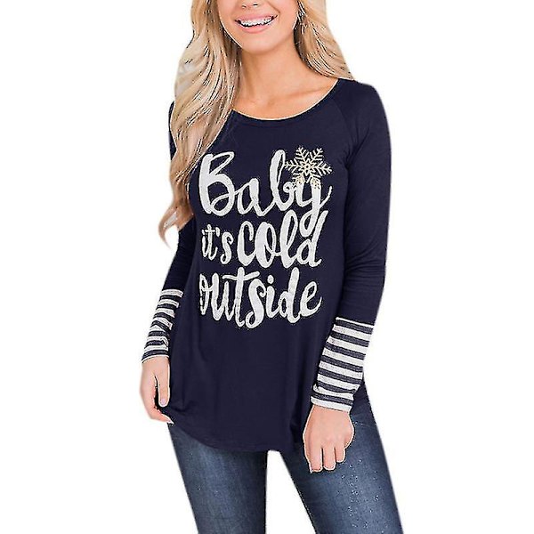Hhcx-women Christmas Striped Long Sleeve T-shirt Blouse Tee Shirt Top Navy Blue 2XL