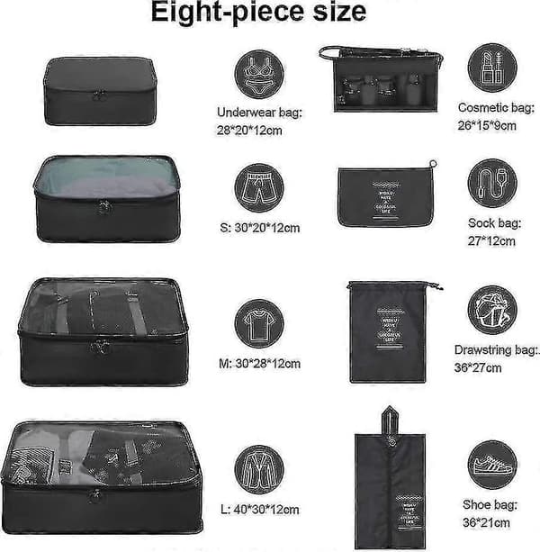 8-delars organiseringset bagage resväska förvaringsväskor packningskuber presenter Black