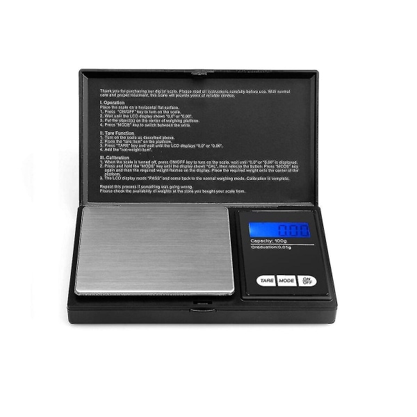 0,1 g - 1000 g elektronisk digital fickvåg med bakgrundsbelyst LCD-skärm 0.01 - 100g