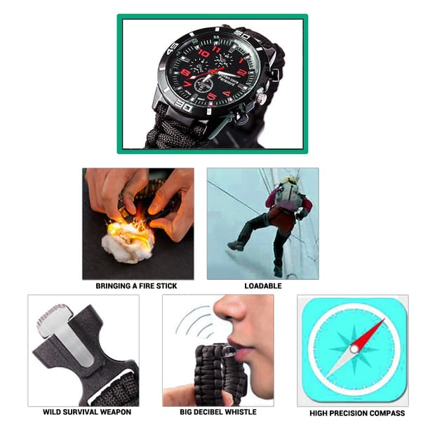 Överlevnads Camping Klocka Multifunktionellt Armband Kompass Visselpipa Paracord Verktygssats