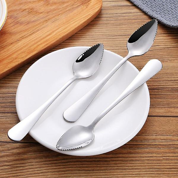 2 st Tjock rostfritt stål grapefruktsked Dessertsked tandad kant Silver