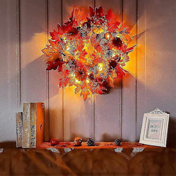 Höstkransar Med Led Ljus 40cm Höst Lönnblad Pumpa Bär Garland Konstgjord blomsterkrans Ytterdörr för Halloween Jul Thanksgiving Wall