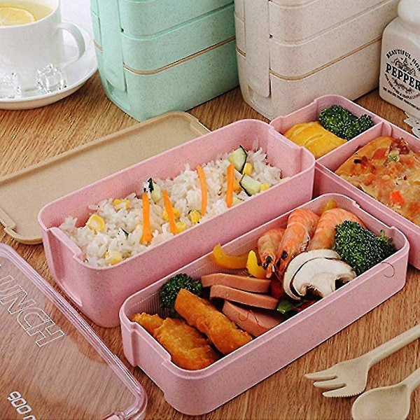 Lunch Box Lounaslaatikko Bento Box Lounaslaatikko, Yhteensopiva lasten ja Aikuisten kanssa, 3 lokerolla vuotamaton mikroaaltouuni, joka on valmistettu vehnästä biohajoavasta pl.