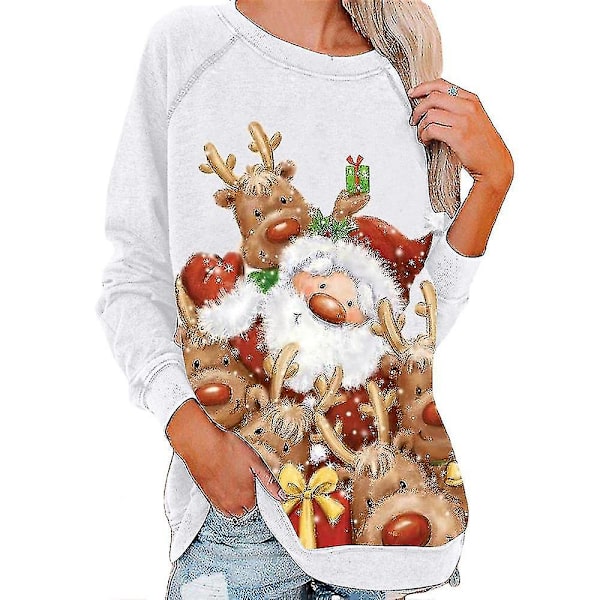 Hhcx-christmas Tunic Women Long Sleeve T-shirt Pullover Xmas Printed Tops Blouse White L