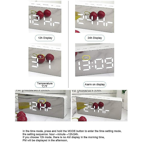 Creative Digital Mirror Alarm, Led Bedside Klocka med Temperatur, Snooze, Voice Control Makeup Mirror Justerbar Ljusstyrka Led Carousel Clock Dual Pu