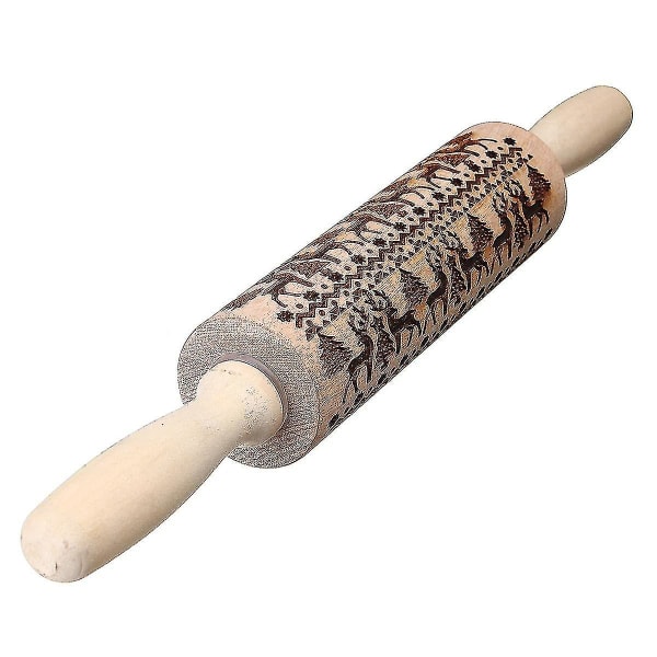 Hhcx-christmas Elk Print Rolling Pin Engraved Rolling Pin Wooden Embossing Embossed Baking Tools