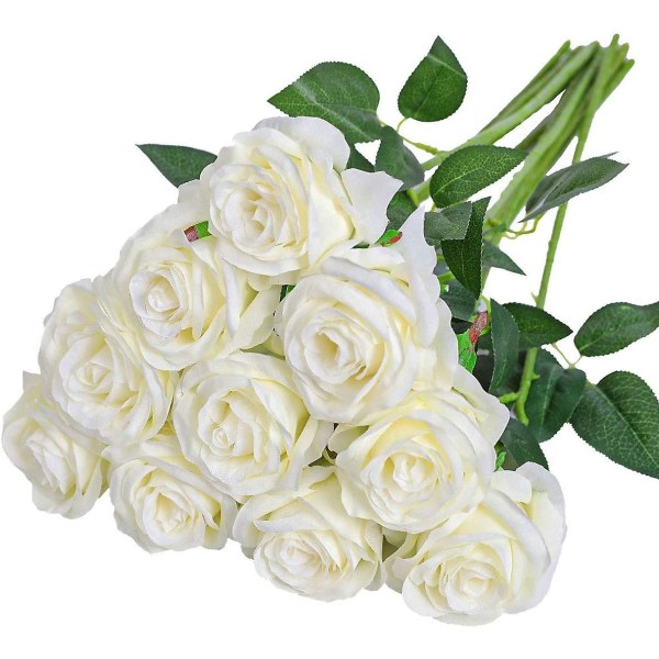 Sæt med 12 kunstige roser, deco-falske silkeblomster med enkelt stilk, realistisk blomst (rød) white